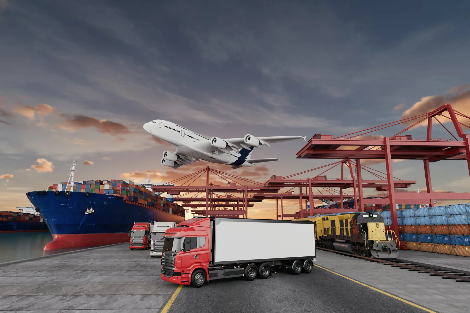 International logistics hub with sea, air, and land cargo movement
